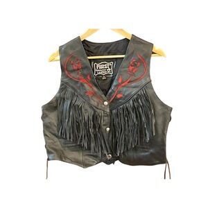 Vintage Western Leather Fringe Vest Red Floral Inlay Cowboy Biker Y2K Cowgirl